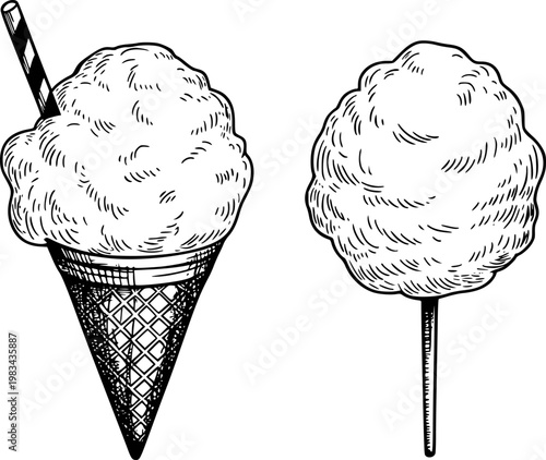 Hand-drawn ice cream cone and cotton candy stick, black and white