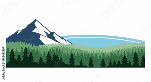 Stylized mountain peak above a dense forest and a distant body of water