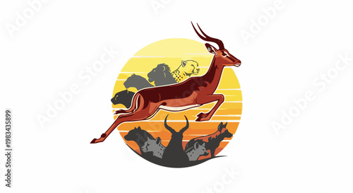 Stylized illustration of African wildlife in silhouette against a sunset backdrop