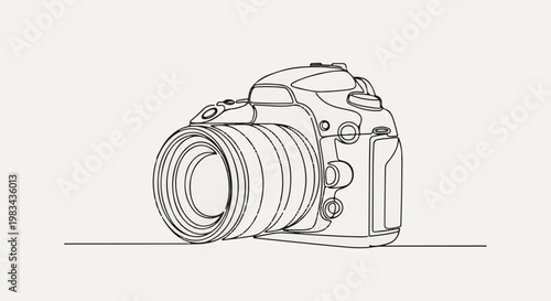 A line art illustration of a digital camera with a lens