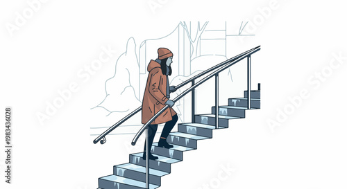 Woman in winter attire ascends icy stairs with handrail for support