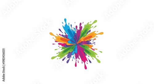Vibrant, multi-colored abstract paint splatters explode outwards on a white background