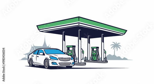 White sedan at a tropical gas station with palm trees