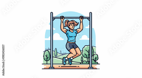 Woman performing pull-ups on a bar in a scenic park setting