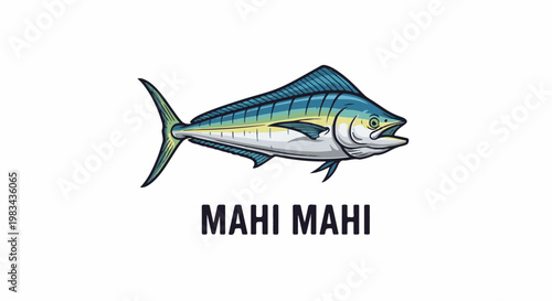 A stylized mahi-mahi fish illustration with open mouth on white background