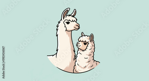 Two stylized llamas, one adult and one juvenile, against a light blue background