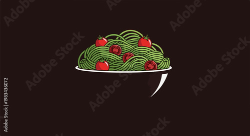 A stylized bowl overflowing with green spaghetti and red tomatoes
