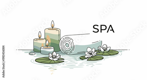 Tranquil spa scene with lit candles, rolled towel, and water lilies