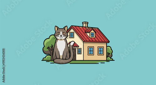 A cartoon cat sits in front of a yellow house with a red roof