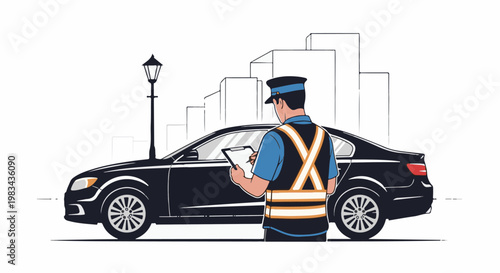 A uniformed officer writes on a clipboard next to a parked black car