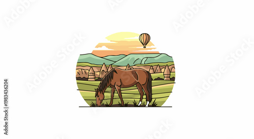 Brown horse grazes in a pastoral landscape with rolling hills and a hot air balloon
