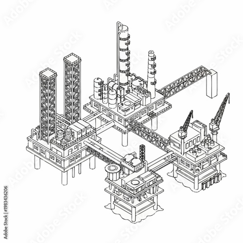 Detailed isometric line drawing of a complex offshore oil and gas production platform.