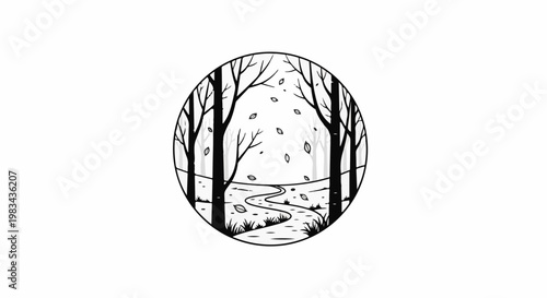 Black and white illustration of a circular forest path in autumn with falling leaves
