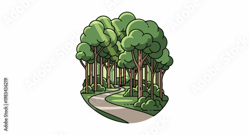 Stylized forest with winding path and sunlight filtering through trees
