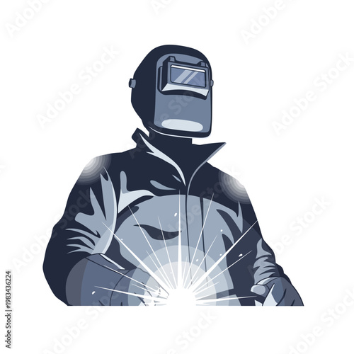 Welder working with bright sparks, wearing protective gear and helmet, industrial worker illustration