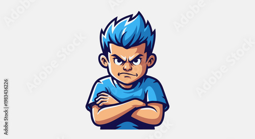 Cartoon boy with spiky blue hair and arms crossed, looking angry