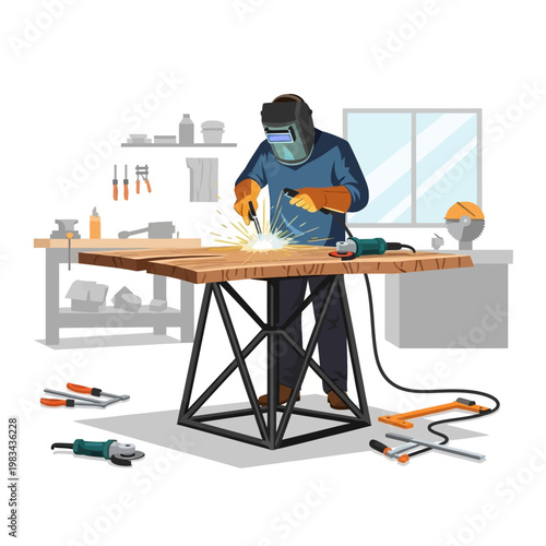 Welder working on workbench in workshop, sparks flying, metal fabrication, skilled craftsman