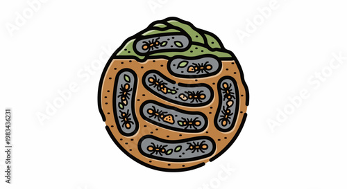Cartoon cross-section of an ant colony with tunnels and chambers