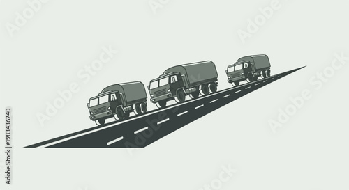 Three trucks travel up a road with dashed lines