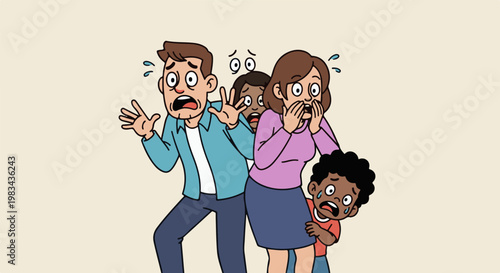 Cartoon family of four displays shock and fear with wide eyes