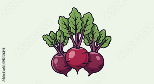 Three stylized red beets with green leafy tops on a light background