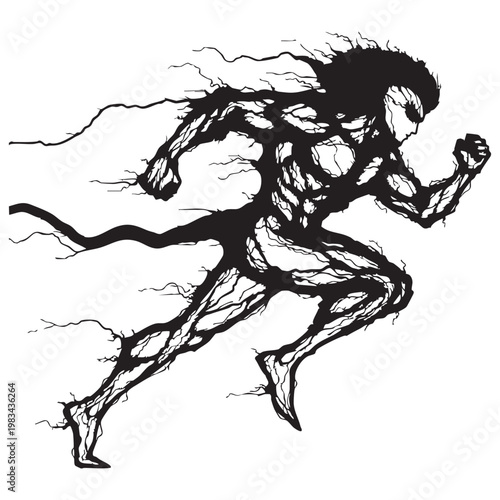 A dynamic illustration of a running figure depicted in a striking abstract style silhouette high quality