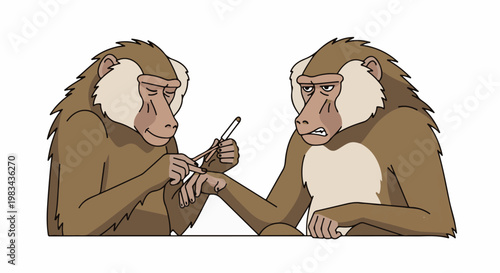 Cartoon monkeys grooming each other with white background
