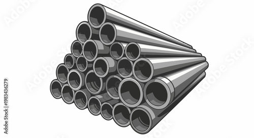 Stacked cylindrical metal tubes in a triangular formation, rendered in grayscale