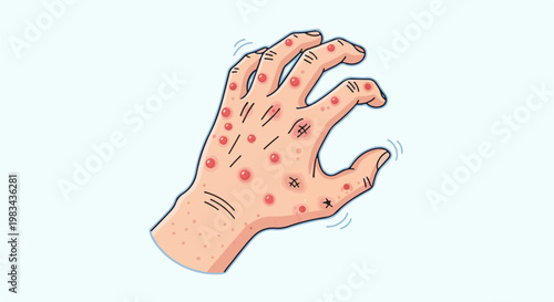 Cartoon hand with red bumps and lines, indicating rash or skin irritation