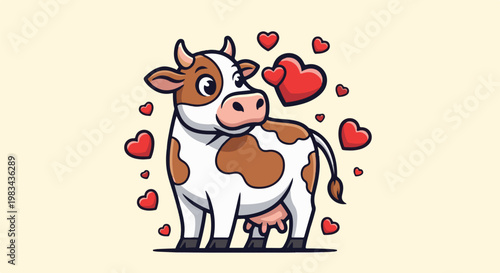 Cute cartoon cow surrounded by red hearts on a light yellow background
