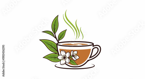 Cup of hot tea with steam, tea leaves and white flowers