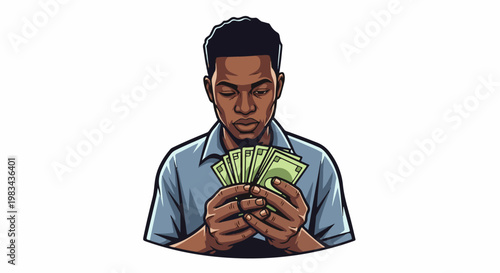 A man in a blue shirt holds a fan of cash in his hands, looking down