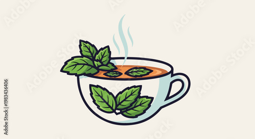 Steaming cup of mint tea with fresh leaves and aromatic vapor