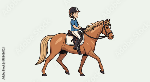 A child in equestrian gear rides a brown horse with a flowing tail