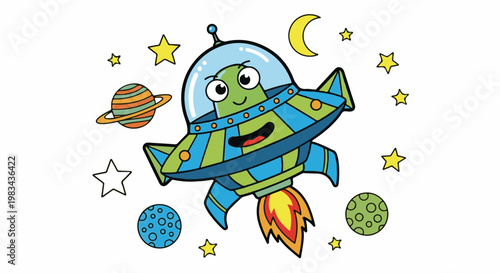 A cheerful, cartoon alien in a striped spaceship flies through a starry sky