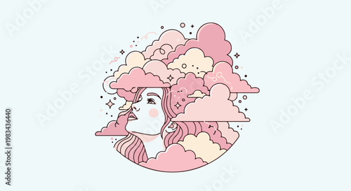 Dreamy portrait of a person's profile surrounded by pastel clouds and stars