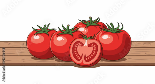 A cluster of ripe red tomatoes, one cut in half, sit on a wooden surface