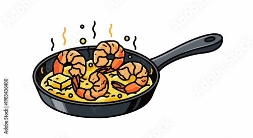A skillet of shrimp cooking in a rich yellow sauce with steam