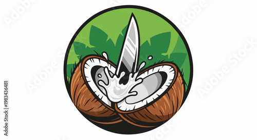 A sharp blade splits a coconut, spilling fresh milk amidst green leaves