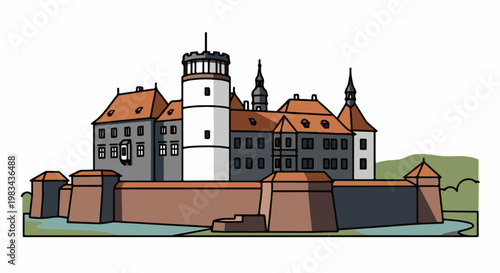 A colorful cartoon illustration of a historical castle with multiple towers and ramparts