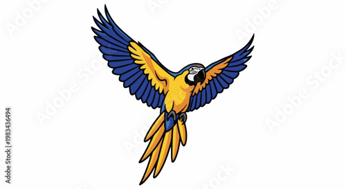 A blue and yellow macaw parrot with wings spread in flight