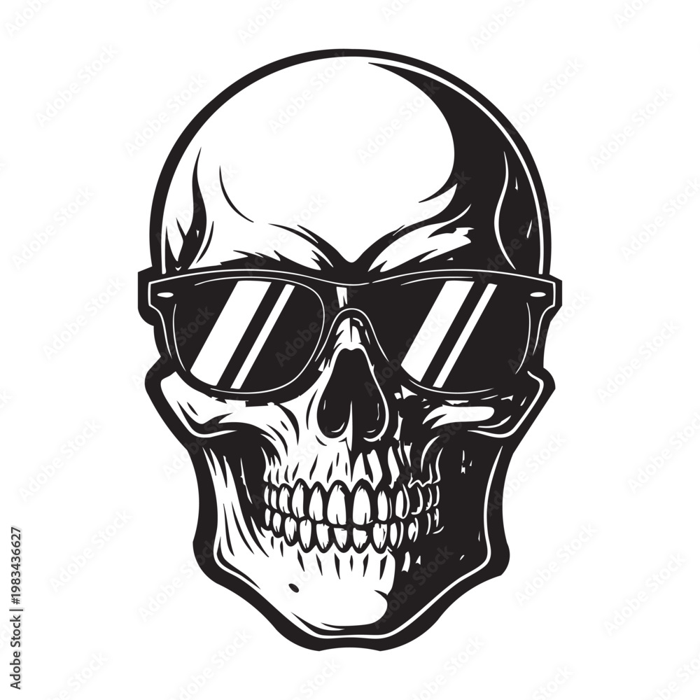 Obraz premium A detailed skull illustration wearing sunglasses presented in a striking black and white silhouette high quality