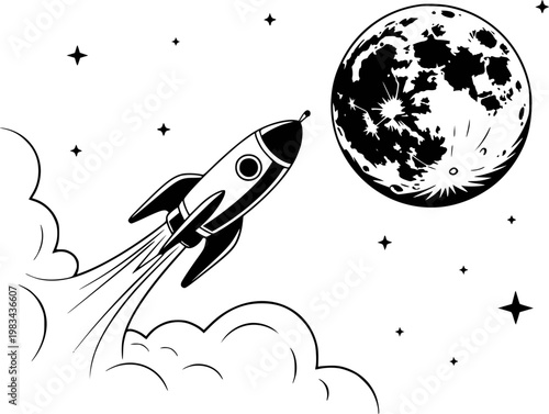 Retro rocket ship launching towards detailed moon amidst stars and clouds space