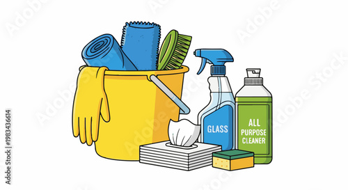 Yellow bucket with cleaning supplies gloves, cloths, brush, sprays, sponges
