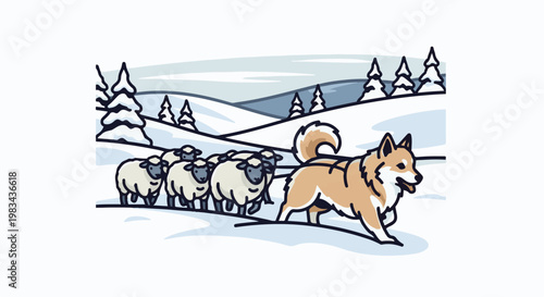 A dog herds sheep across a snowy landscape with trees