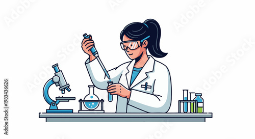 A female scientist in a lab coat and goggles uses a pipette with a test tube