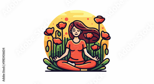 Woman meditating peacefully surrounded by vibrant poppies under a warm sun