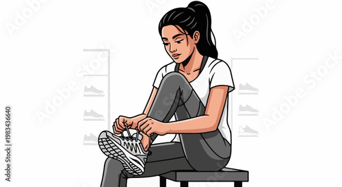 Woman in athletic wear tying her sneakers in a shoe store
