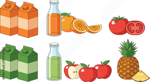 Fresh fruit juice and packaging set with orange apple pineapple tomato and juice cartons vector illustration