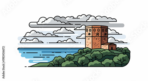 A simple, graphic illustration of a coastal landscape with a stone tower